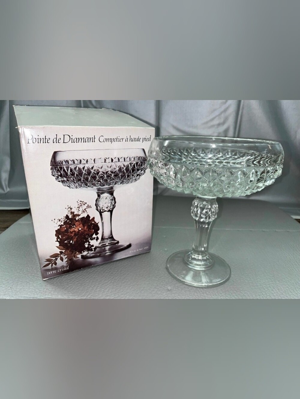VTG Indiana Glass Diamond Point Clear 7.25" Tall Compote Bowl Candy Dish